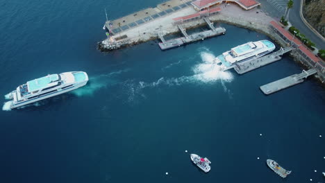 Aerial-Above-Ferry-Terminal-for-Santa-Catalina-Express-Ships,-Passengers-Boarding-and-Departure