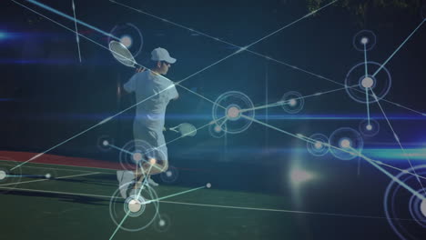 male and female tennis partners playing on court at dusk, using sports tech network overlay
