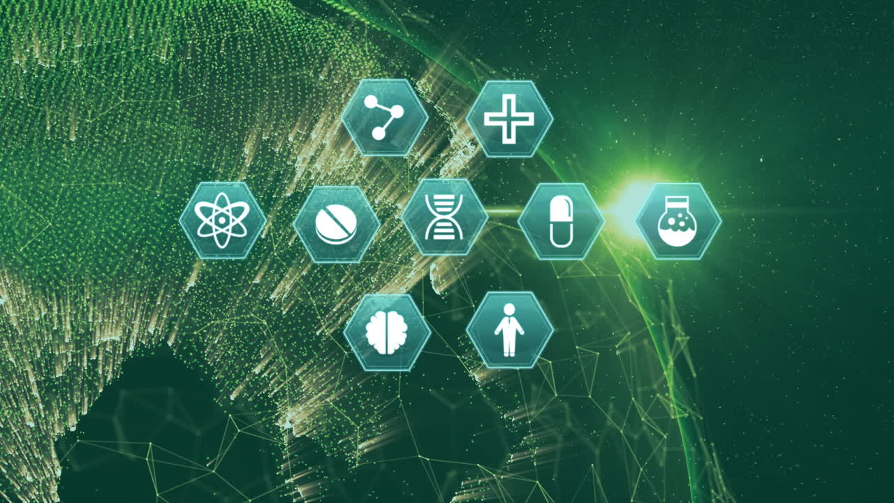 녹색 배경에 의료 아이콘과 지구를 가진 연결 네트워크의 애니메이션