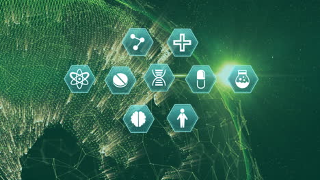 animation of network of connections with medical icons and globe on green background