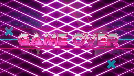 animation of game over text banner over silhouette of people dancing against neon triangular shape