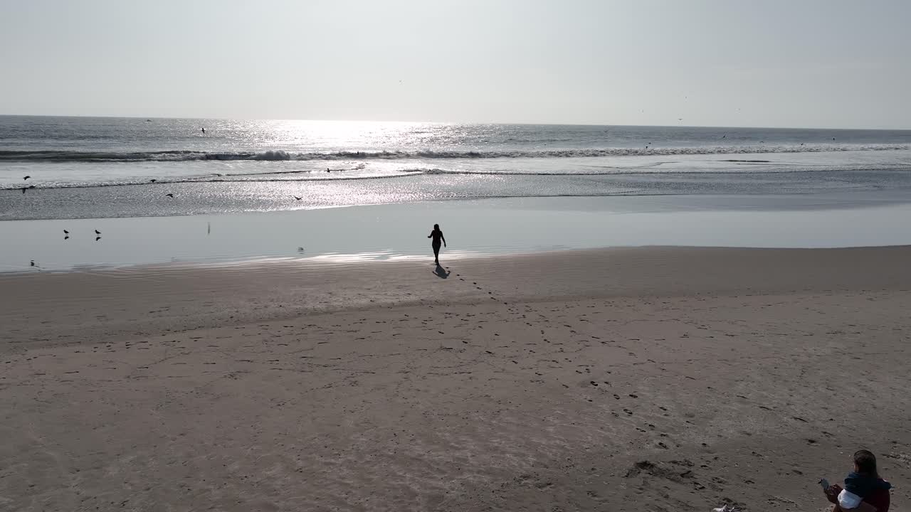 페루 칼레타 비달 해변의 공중 패닝 샷, 구름 없는 여름날 넓은 바다를 내려다보는 날아다니는 새들과 사람