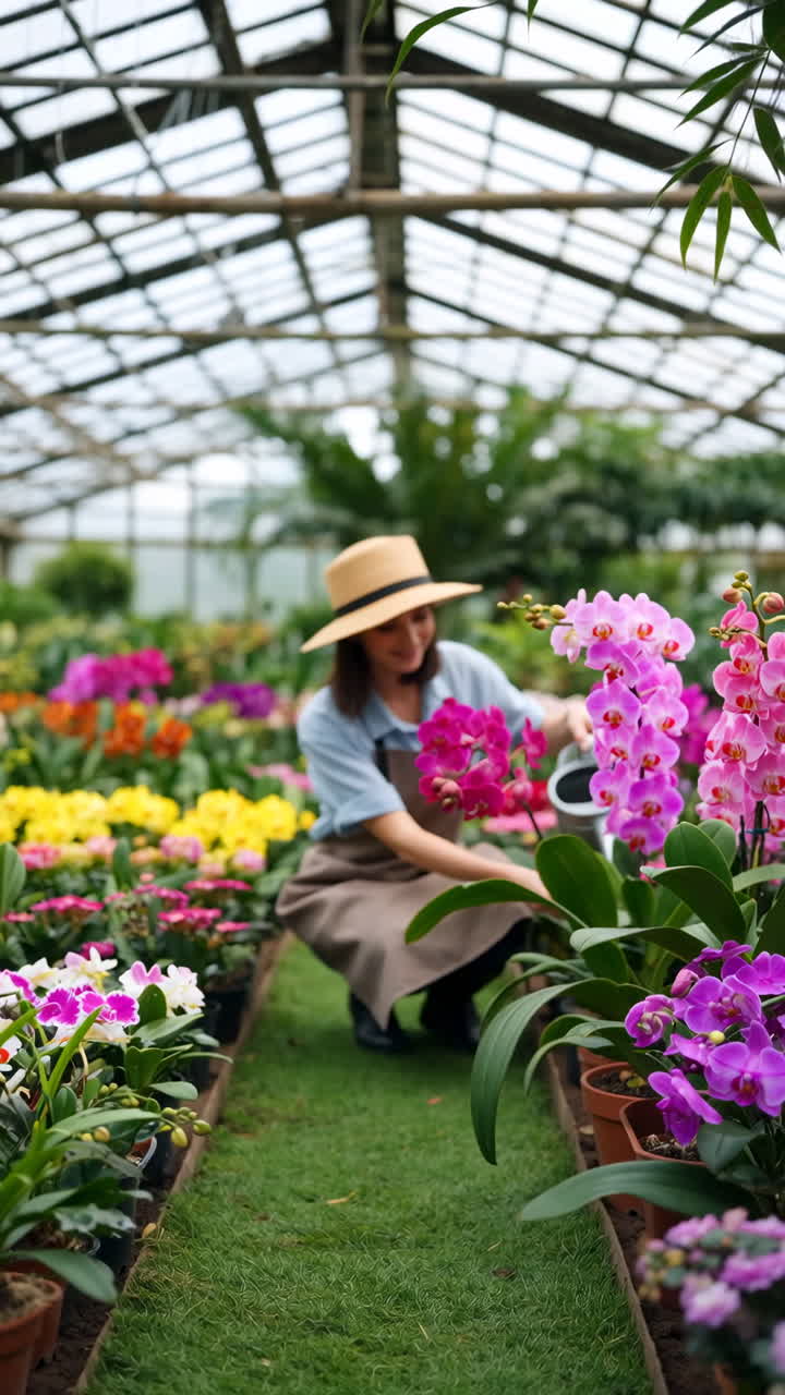 Woman Tending to Colorful Orchids in a Greenhouse