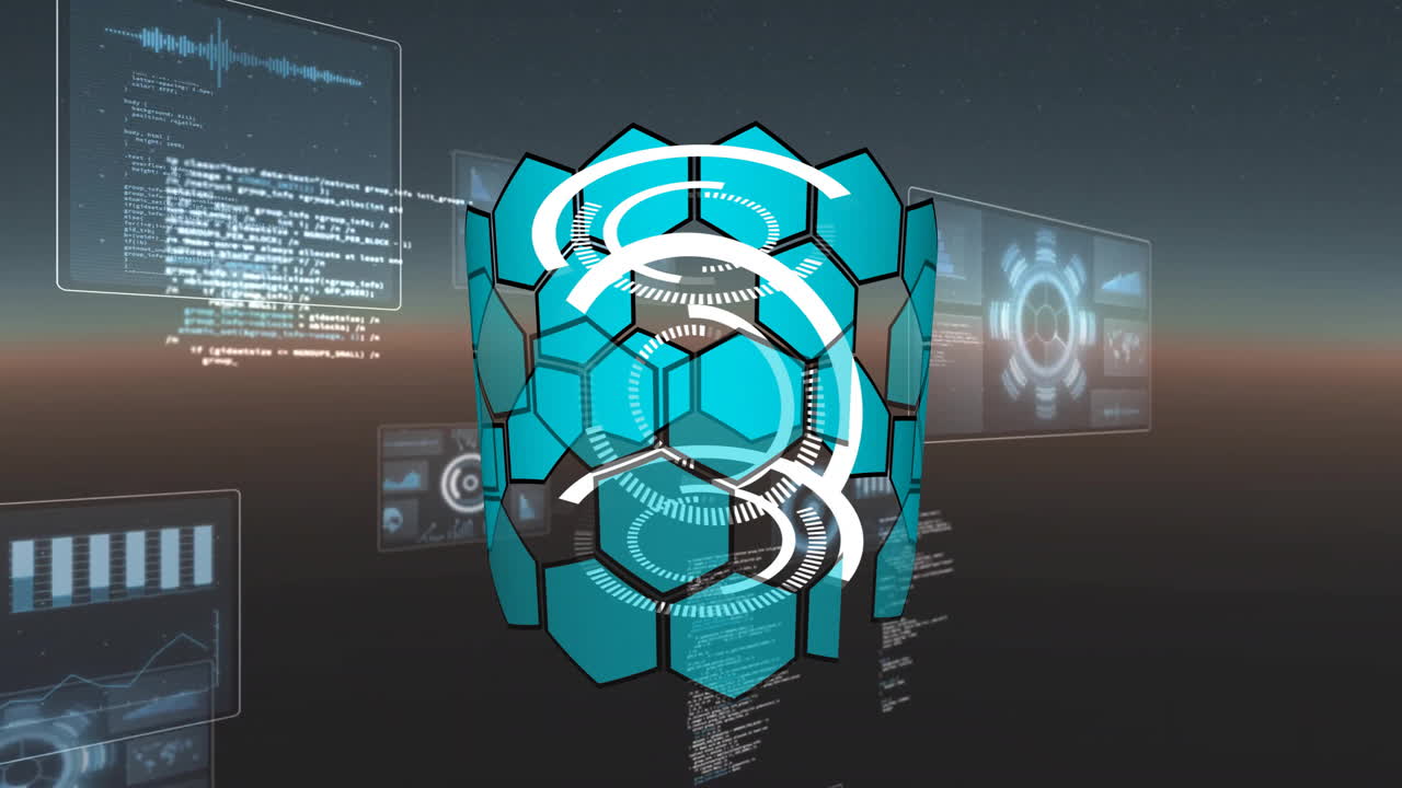Rotating hexagonal shapes and processing futuristic data animation on digital screens
