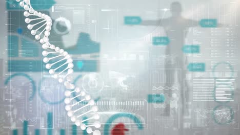 Dna-structure-spinning-over-digital-interface-with-medical-data-processing-against-grey-background