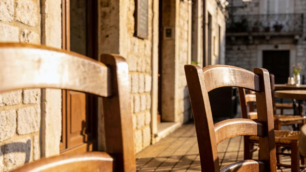 La telecamera si sposta a destra, rivelando due sedie di legno con schienale a pioli su un patio, e mostrando una porta e una bottiglia di vetro.