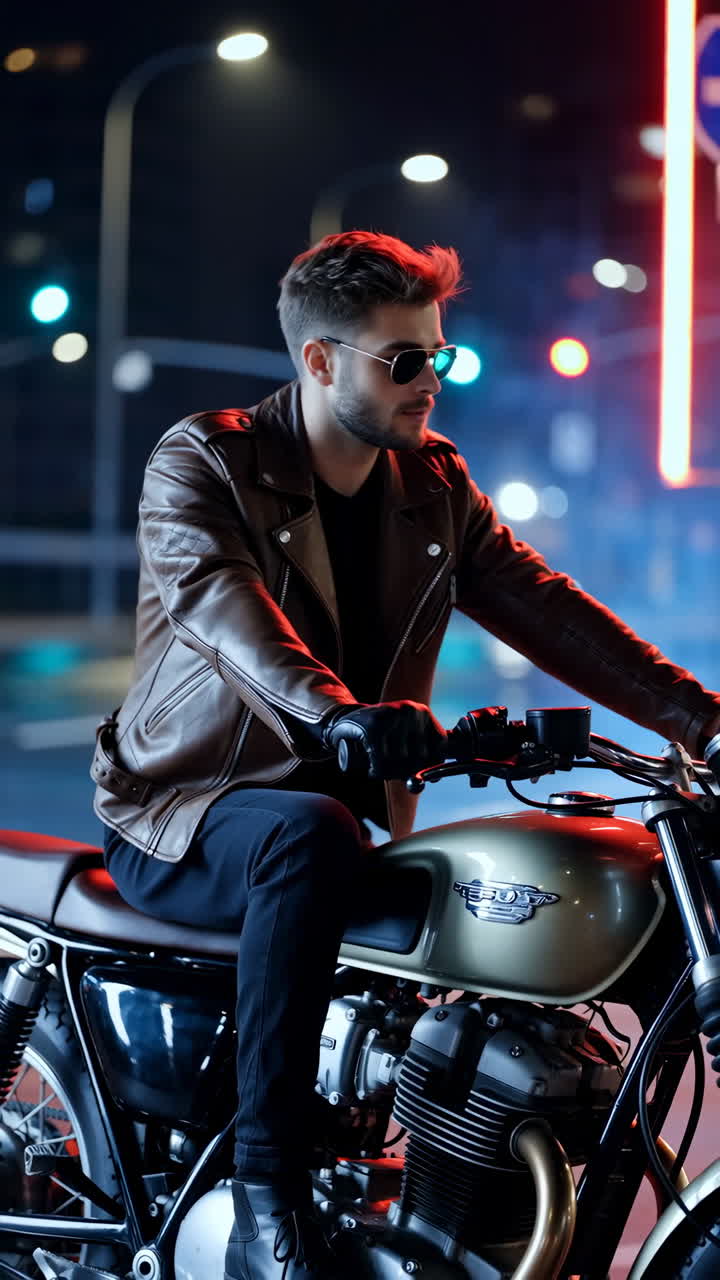 Man on Motorcycle in a City at Night