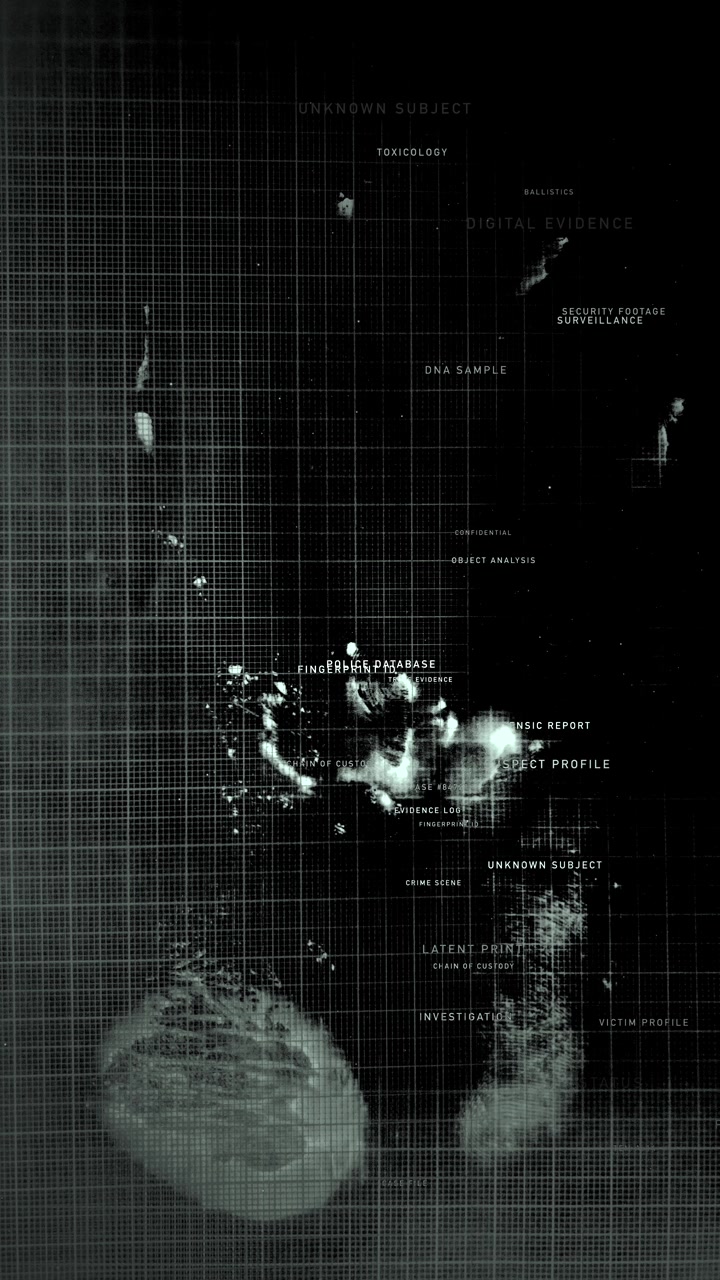 A vertical digital dashboard simulating a cyber police database processing latent fingerprint ridge analysis and case profile cross-referencing for law enforcement media.