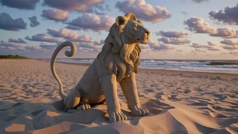 sand lion sculpture on the beach at sunset