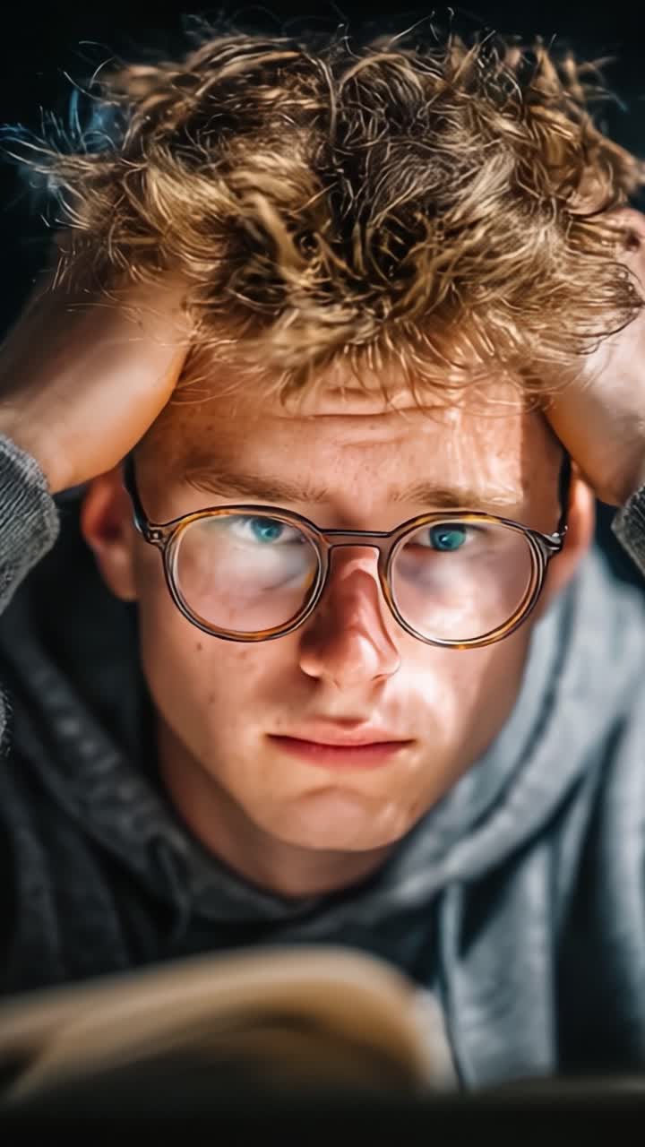 Uno studente frustrato che riflette sulle sfide accademiche, alle prese con pensieri stressanti mentre legge fino a tarda notte.