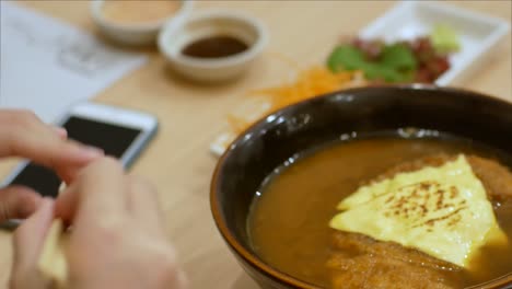 和食風のチーズをのせたポークカツレツをのせたカレーヌードルのボウルに4kビデオを映し、すぐに食べられる食事