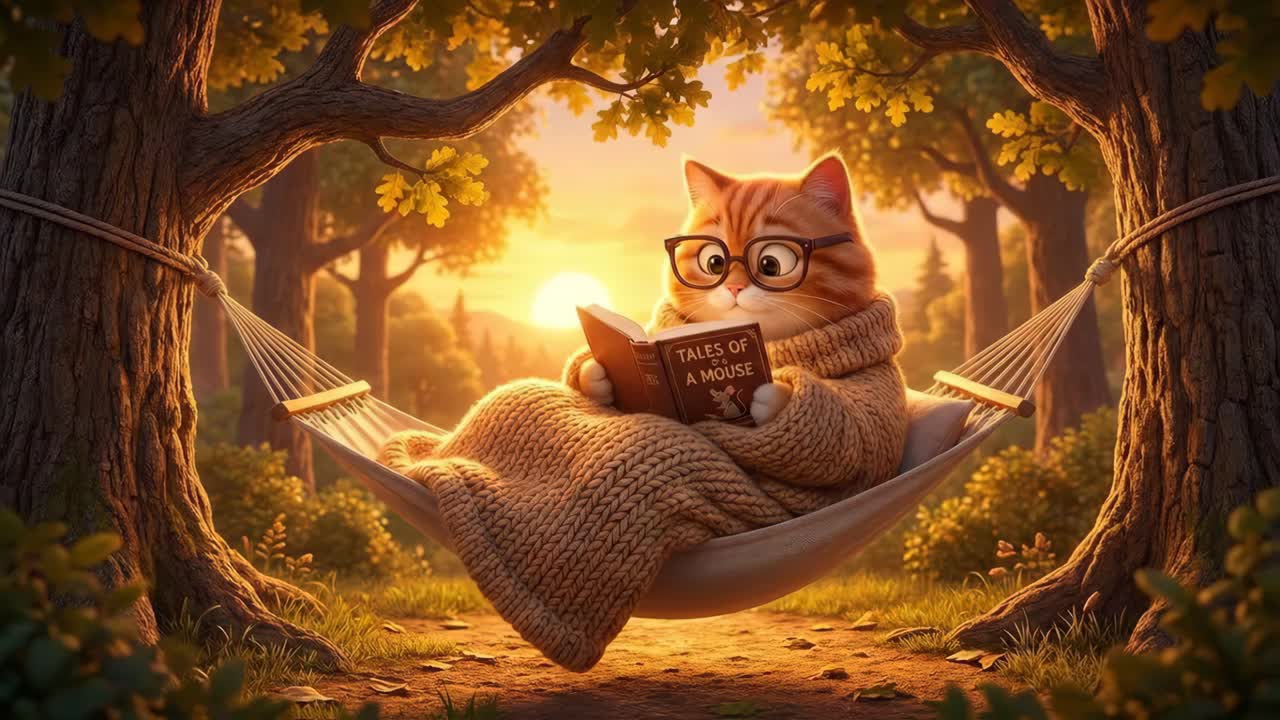 Kat, der læser en bog i en hængekøje