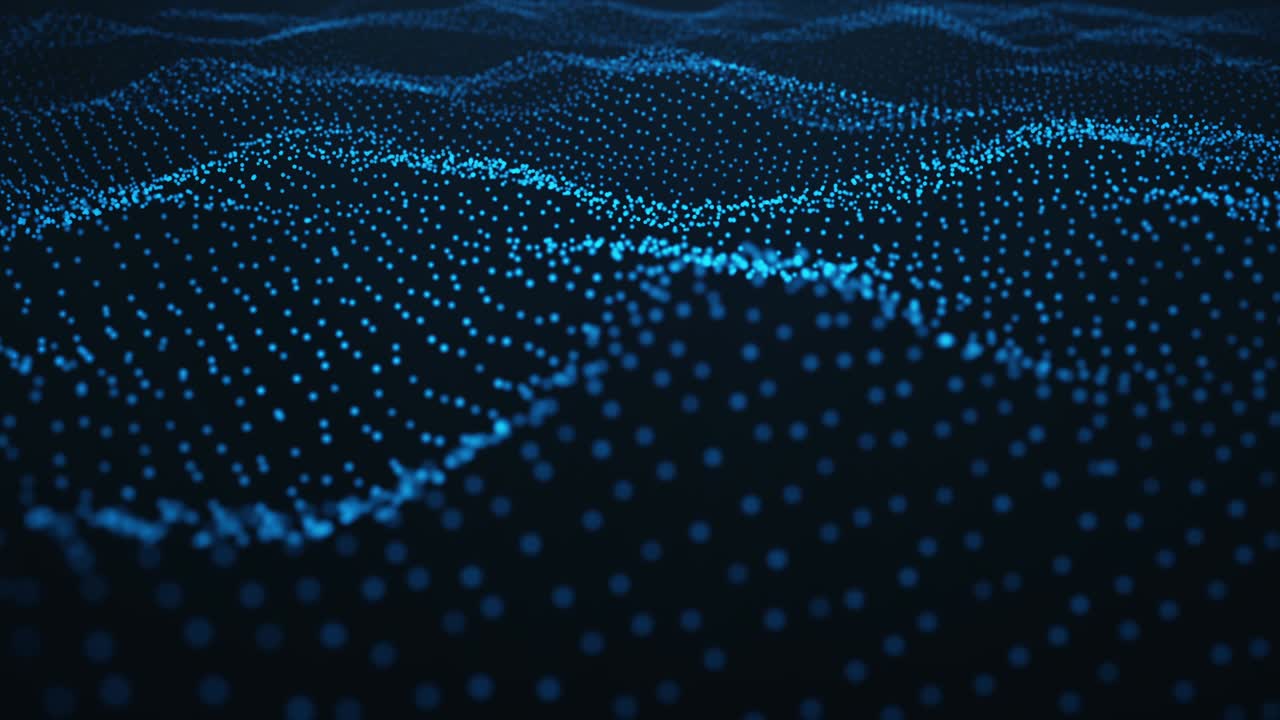 Abstract motion background of shining particles, digital wave, sparkling blue particles. Beautiful blue floating particles with shine light. Seamless Loopable 3D. 4K