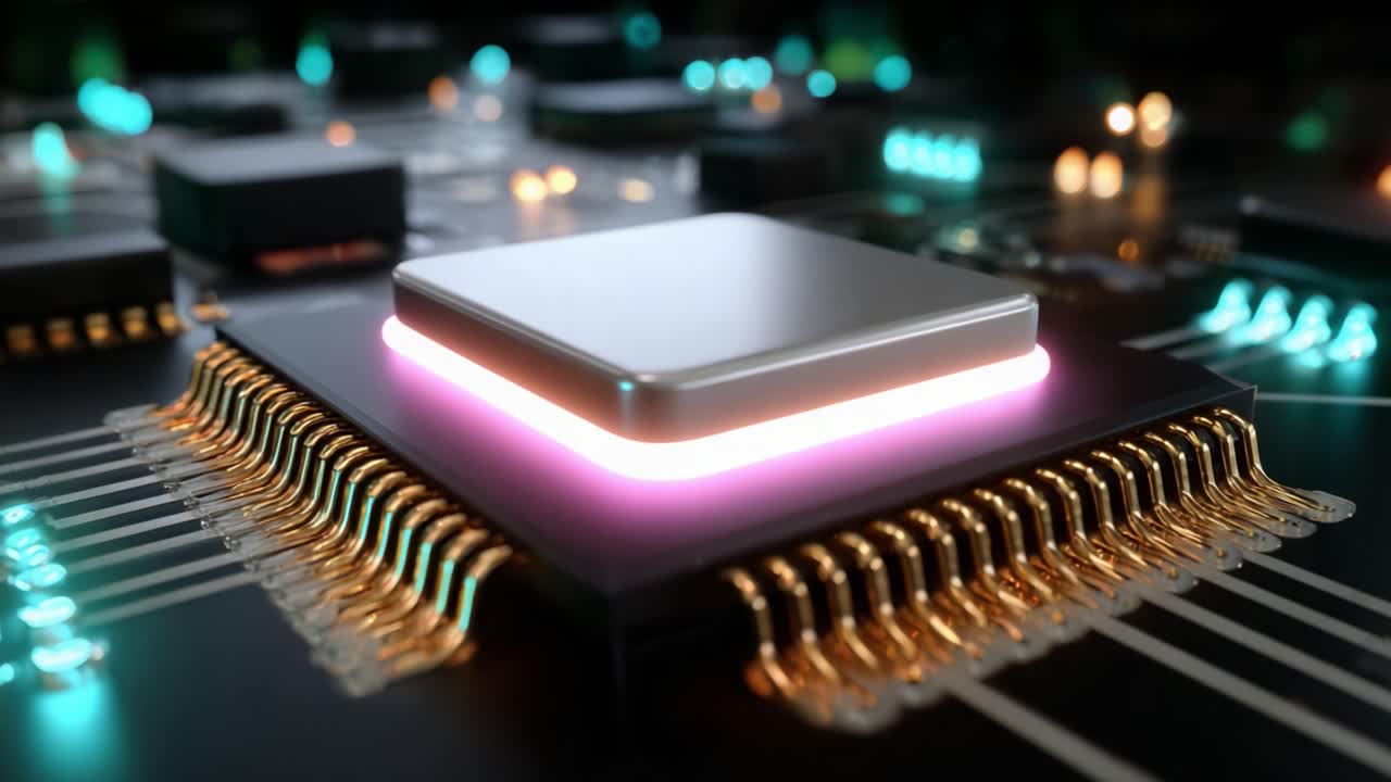 Detailed Close-Up of a High-Tech Microprocessor on a Circuit Board, Featuring Illuminated Components and Advanced Design Elements, Showcasing Modern Electronics in a Futuristic Environment