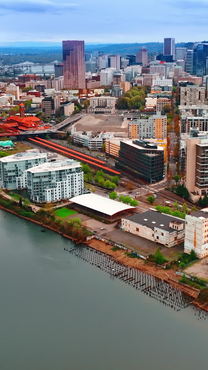 Portland summer city aerial view. American urban downtown landmark. Vertical video