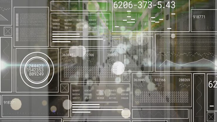 Animation of interface with data processing and white glowing spots against computer server room