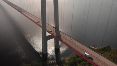 parallel aerial shot with hogakkusten bridge in sweden