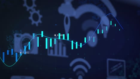 animación de la línea con procesamiento de datos financieros a través de iconos digitales en línea