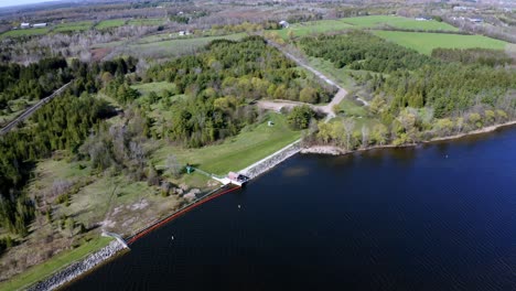 An-overhead-aerial-shot-of-the-Mountsberg-Reservoir,-which-is-located-in-Puslinch,-Ontario