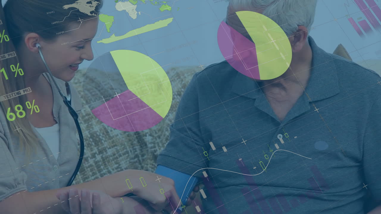 Animation of data processing and diagrams over caucasian female doctor taking pressure of patient