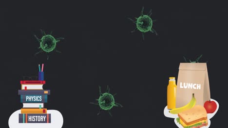 animación de células de virus sobre los iconos de la escuela.
