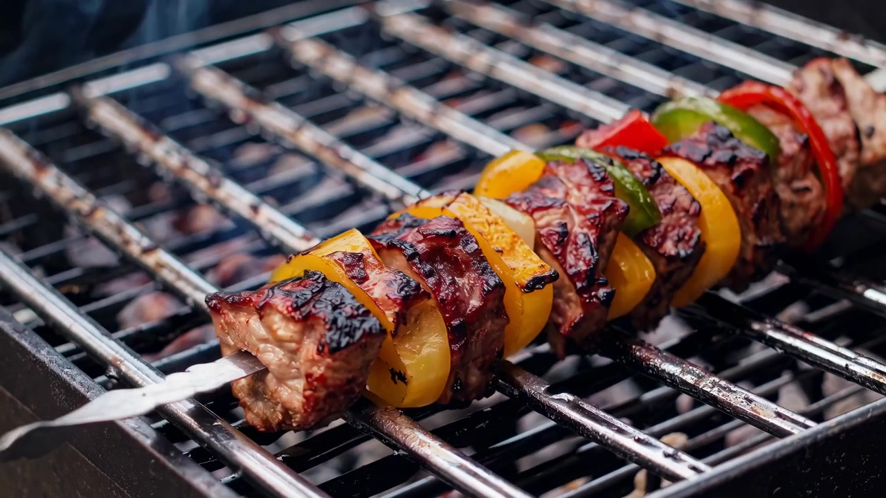 Delizioso shish kebab con carne e peperoni che cuoce su una griglia per barbecue