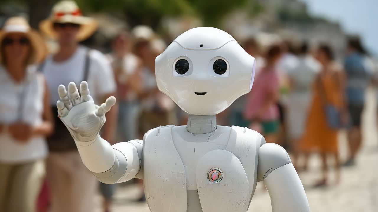 Un robot amichevole interagisce con una folla in una giornata estiva, mostrando il futuro della robotica e dell'interazione umana in un vivace ambiente esterno.