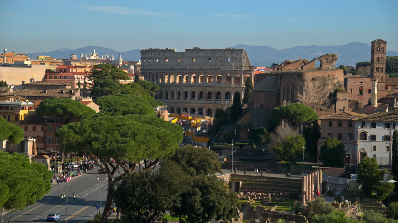 Distant view of the Colosseum with city view in the background, Rome, Italy