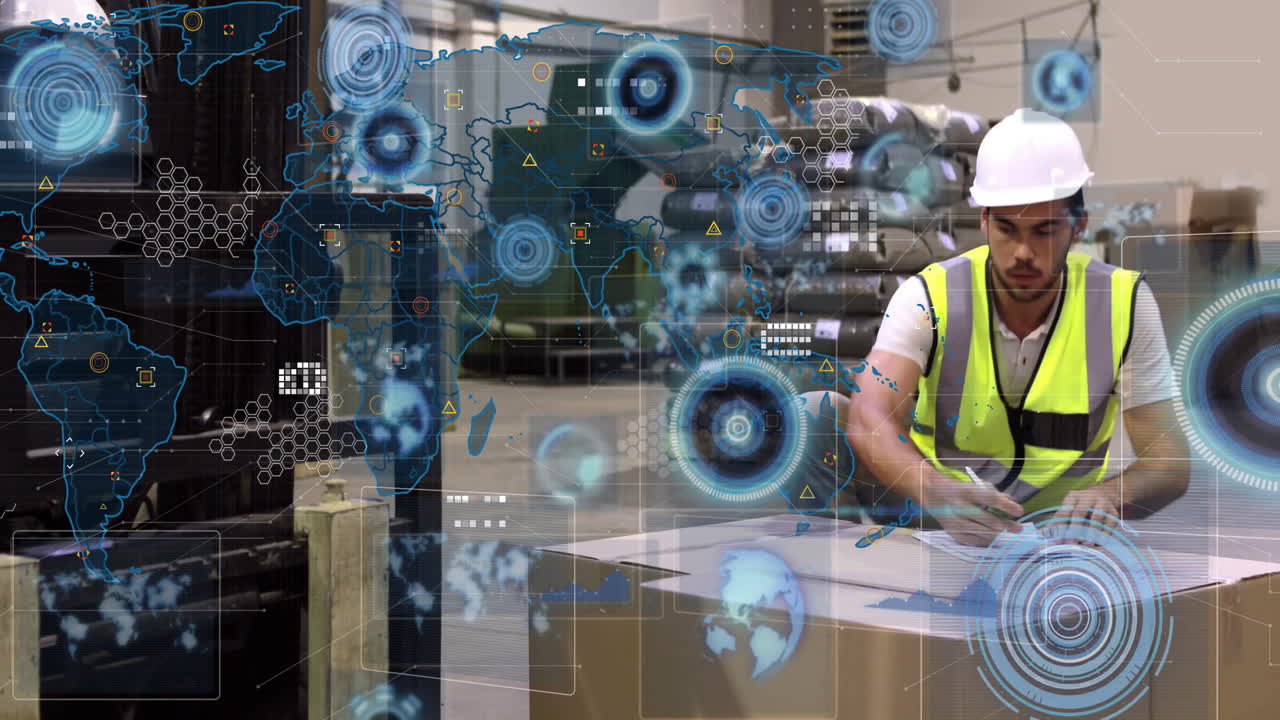 Digital world map and data processing animation over worker in industrial setting