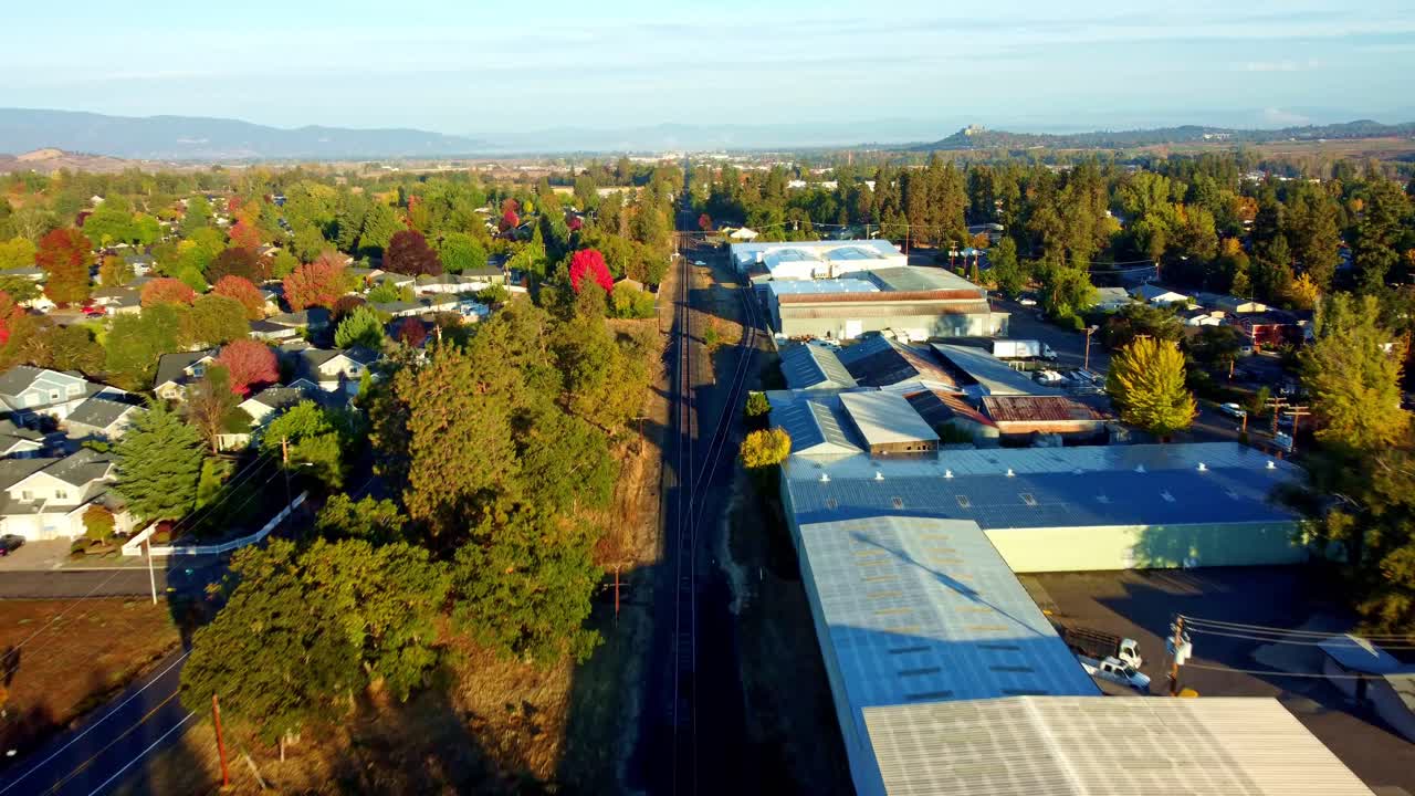 US, Oregon, Phoenix - Drone flight over the railroad in the fall