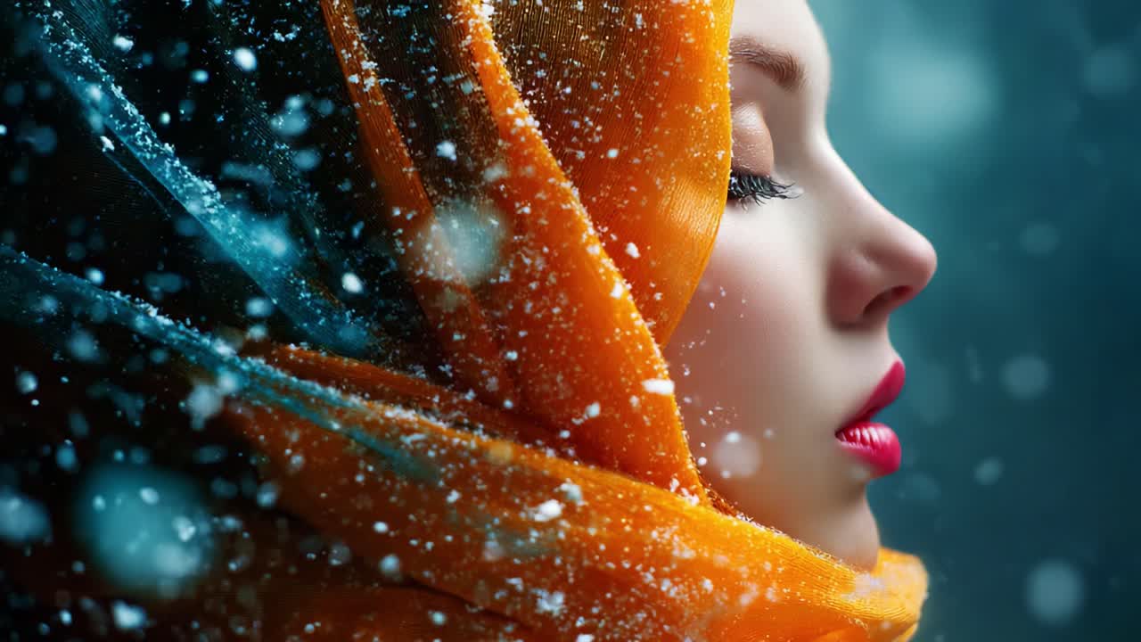 En vakker kvinne med et livlig oransje skjerf ser rolig ut mens sarte snøflak faller rundt henne, og skaper en fredfull vinterstemning som fanger eleganse og ro.