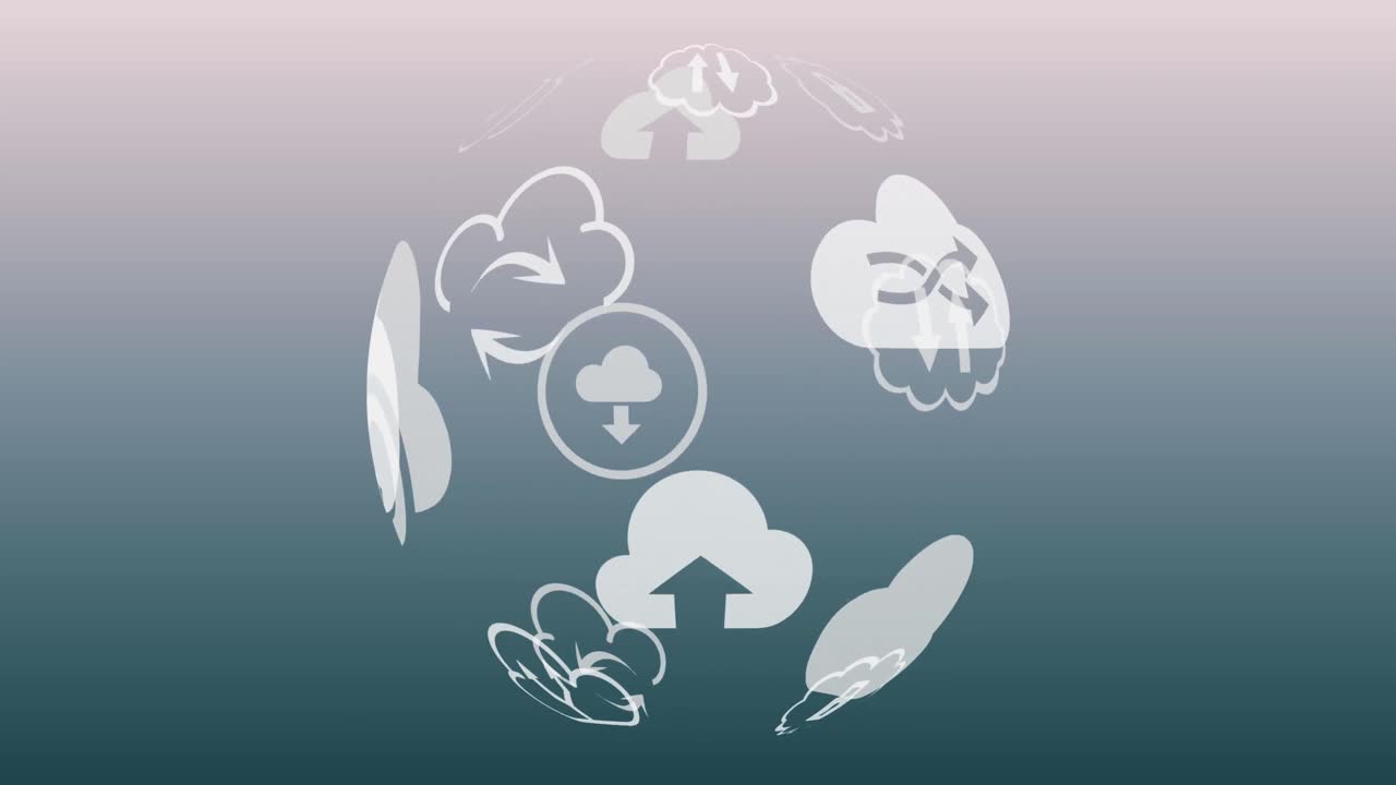 animación del globo con iconos de computación en la nube en fondo azul.