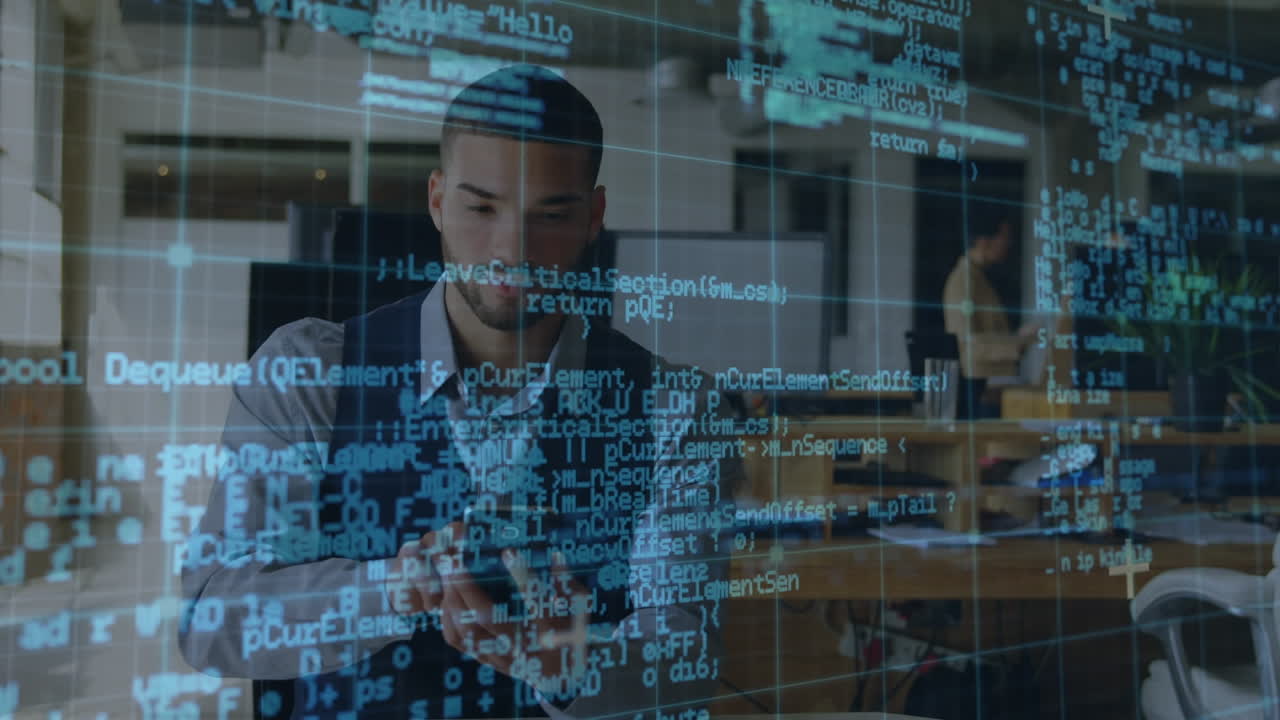 Animation of data processing over biracial businessman using digital tablet at office