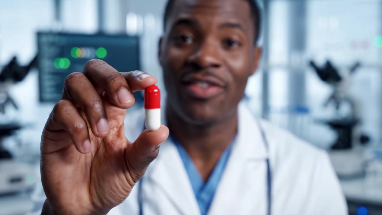 Un professionista sanitario fiducioso spiega l'importanza dei farmaci, mostrando una capsula rossa e bianca in un moderno ambiente di laboratorio pieno di attrezzature scientifiche.