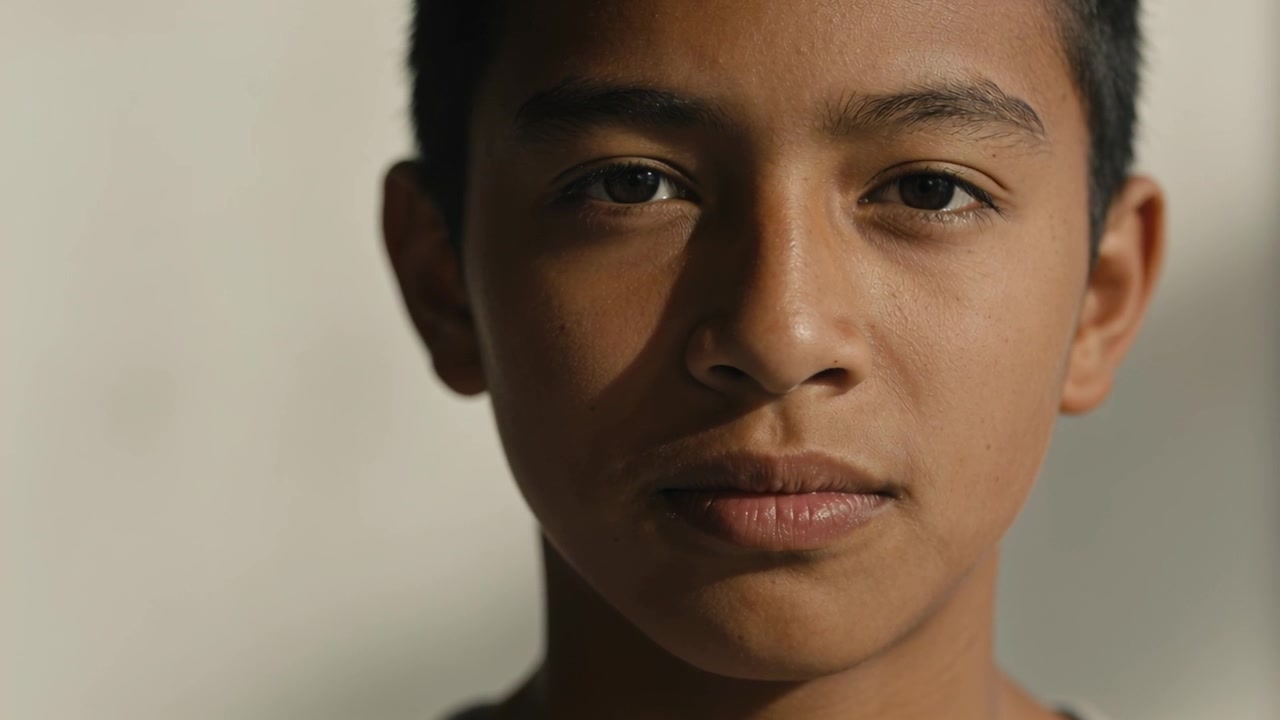 Câmera filmando adolescente hispânico piscando, semicerrando os olhos e fazendo bico contra a parede, de camisa.
