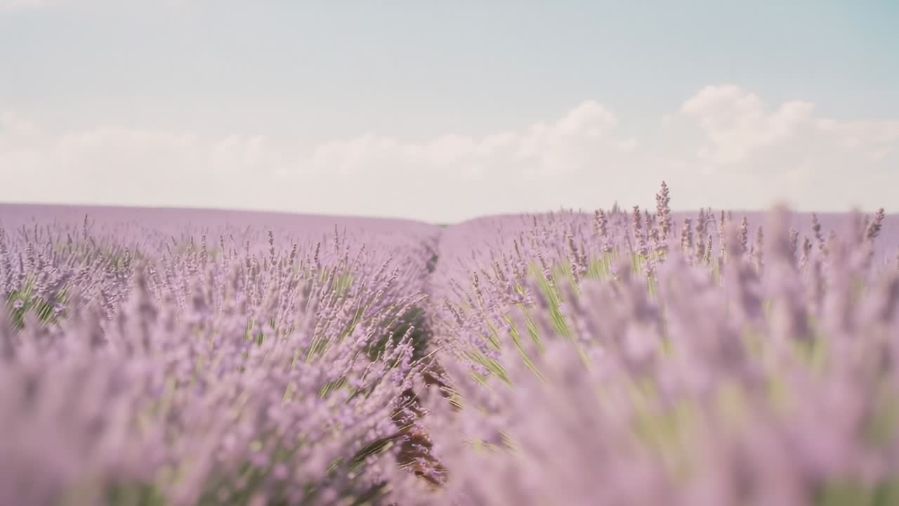 Starting camera gliding along dirt path at lavender farm, shifting focus to reveal purple rows