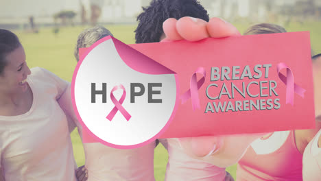 animation of pink ribbon logo with breast cancer text over diverse group of women