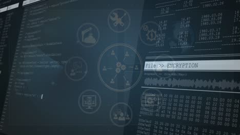 Animation of network of digital icons over data processing against blue background