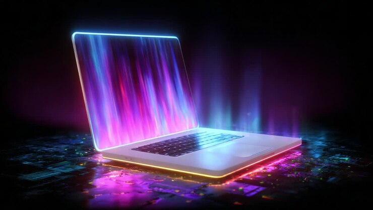 Un vivace laptop che mostra immagini futuristiche con effetti di luce colorati che emanano dallo schermo su uno sfondo scuro, a indicare tecnologia avanzata e innovazione digitale