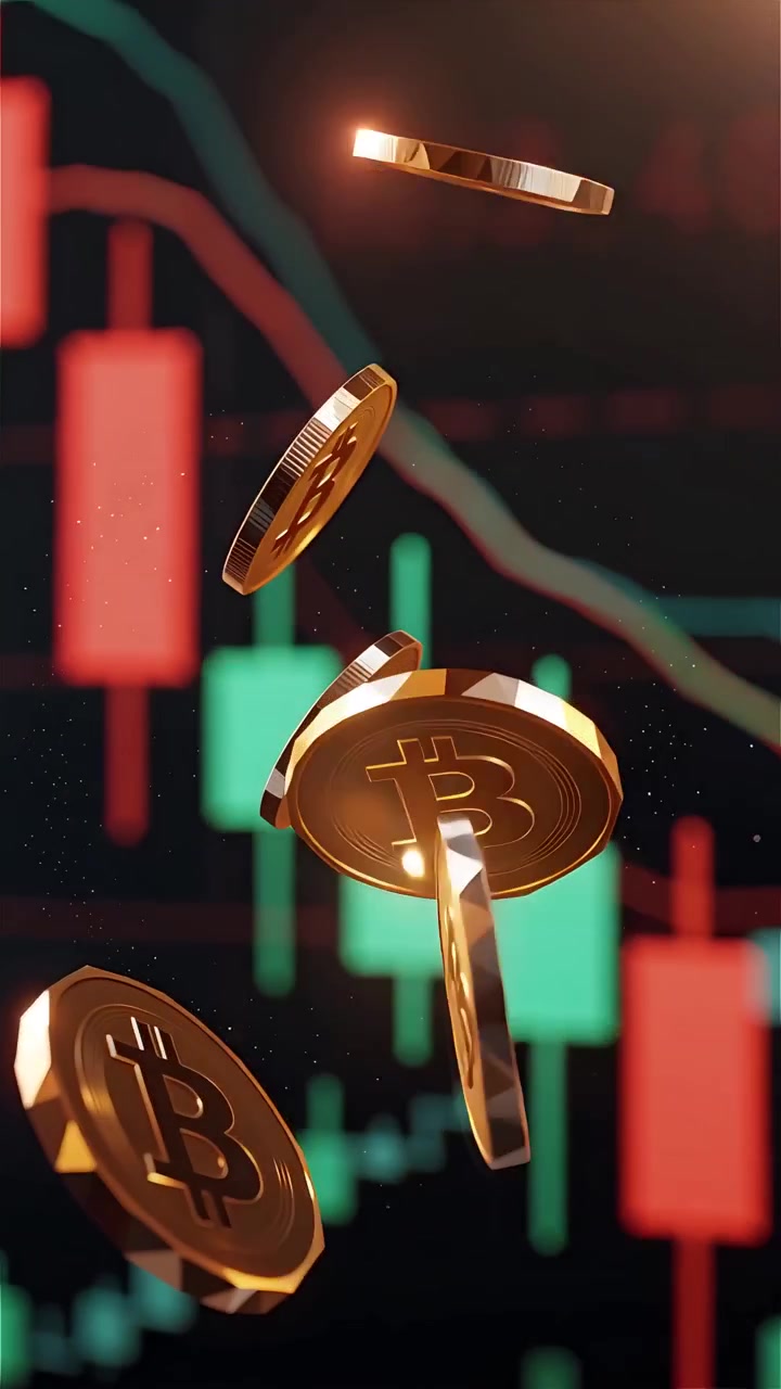 Monete Bitcoin dorate con sfondo sfocato di grafico a candele 4K.
