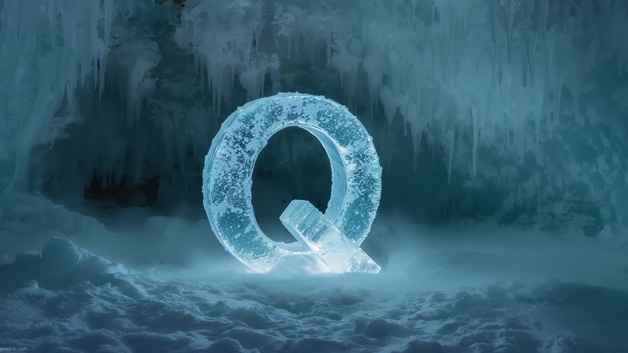 Casting pale blue glow, letter Q-shaped ice sculpture resting on snow in cave with icicles
