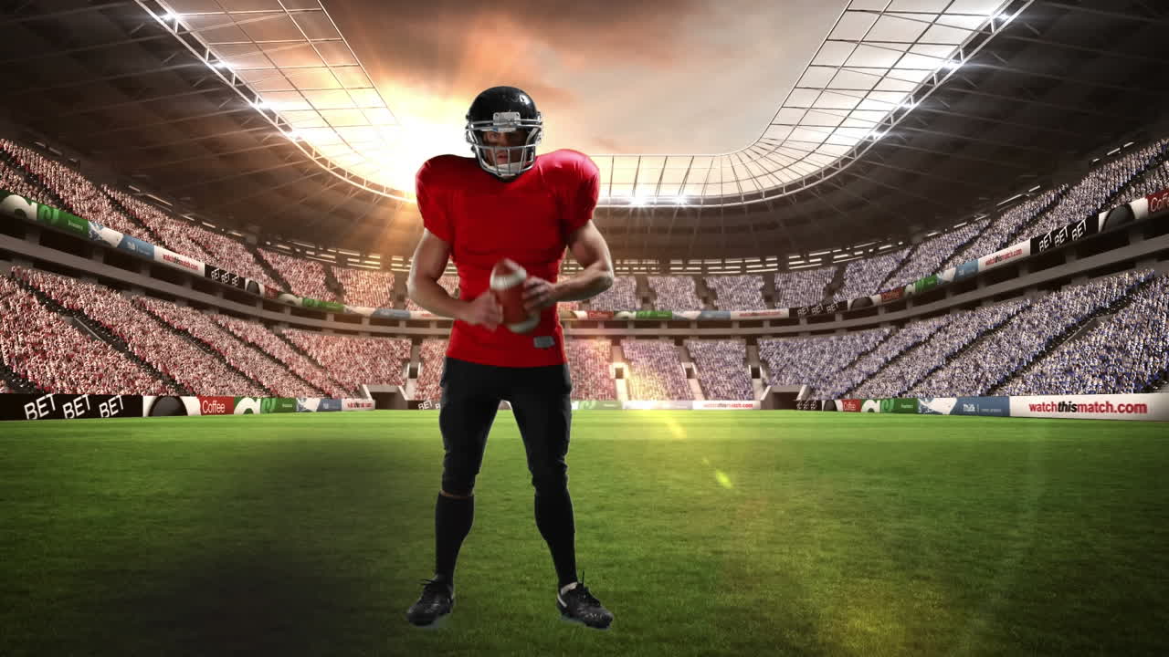 스포츠 경기장 위의 아메리칸  ⁇ 볼 선수의 애니메이션