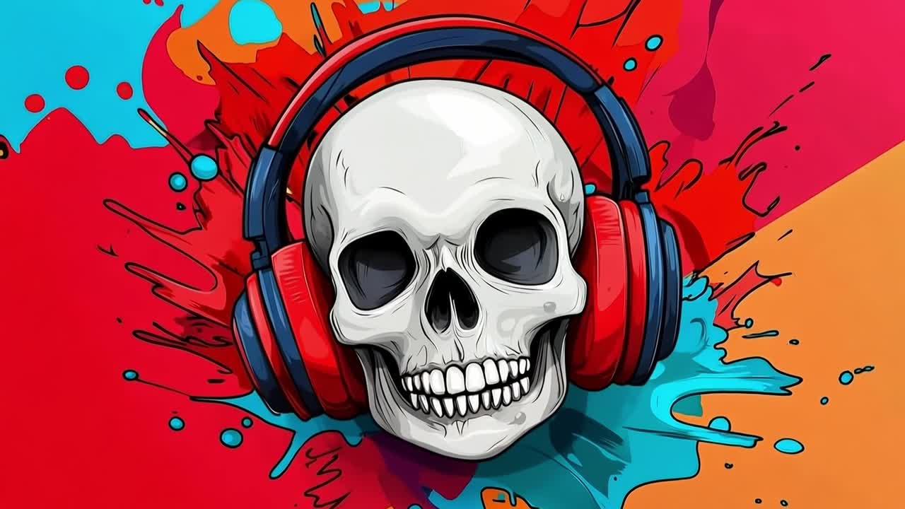 un cráneo con auriculares en un fondo colorido