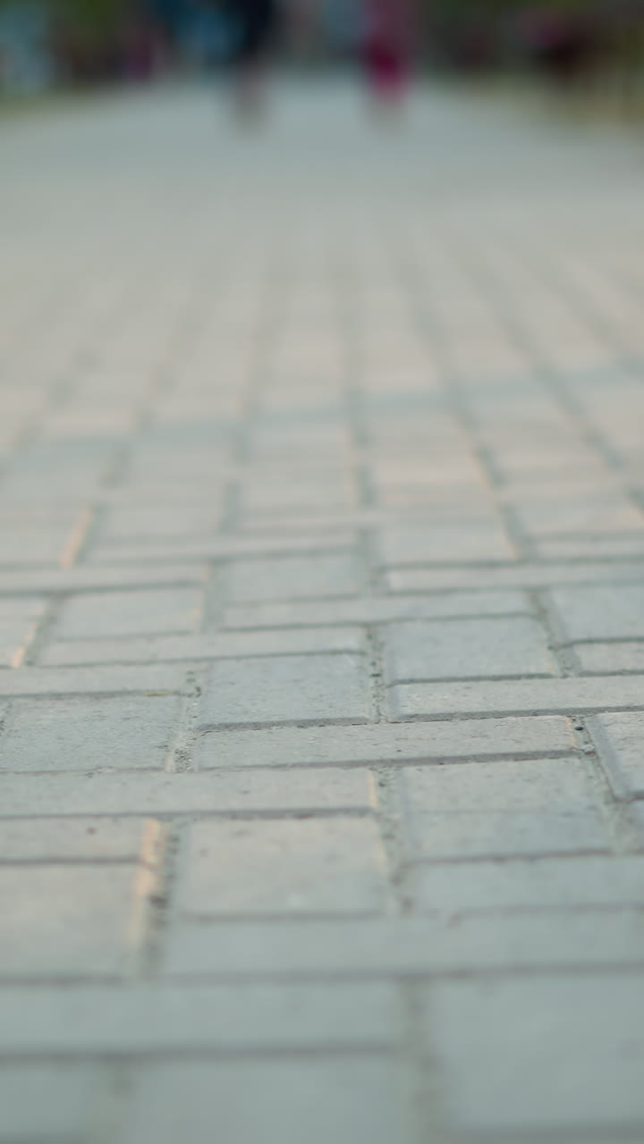 A serene shot of a paved park path with a focus on the ground, showcasing the intricate pattern of the stone bricks. The background is artistically blurred, creating a soft, out-of-focus effect