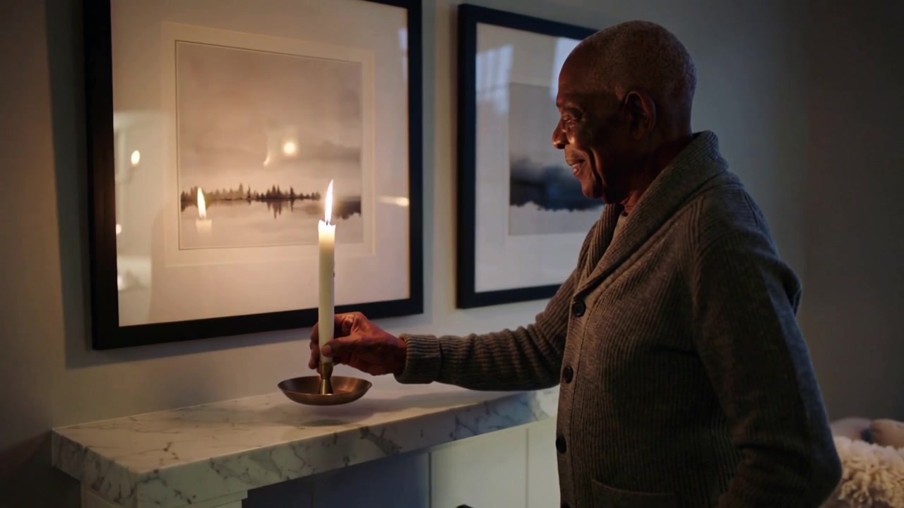 Entering doors man in cardigan holding lit candle placing into mantel dish for ambiance, copy space