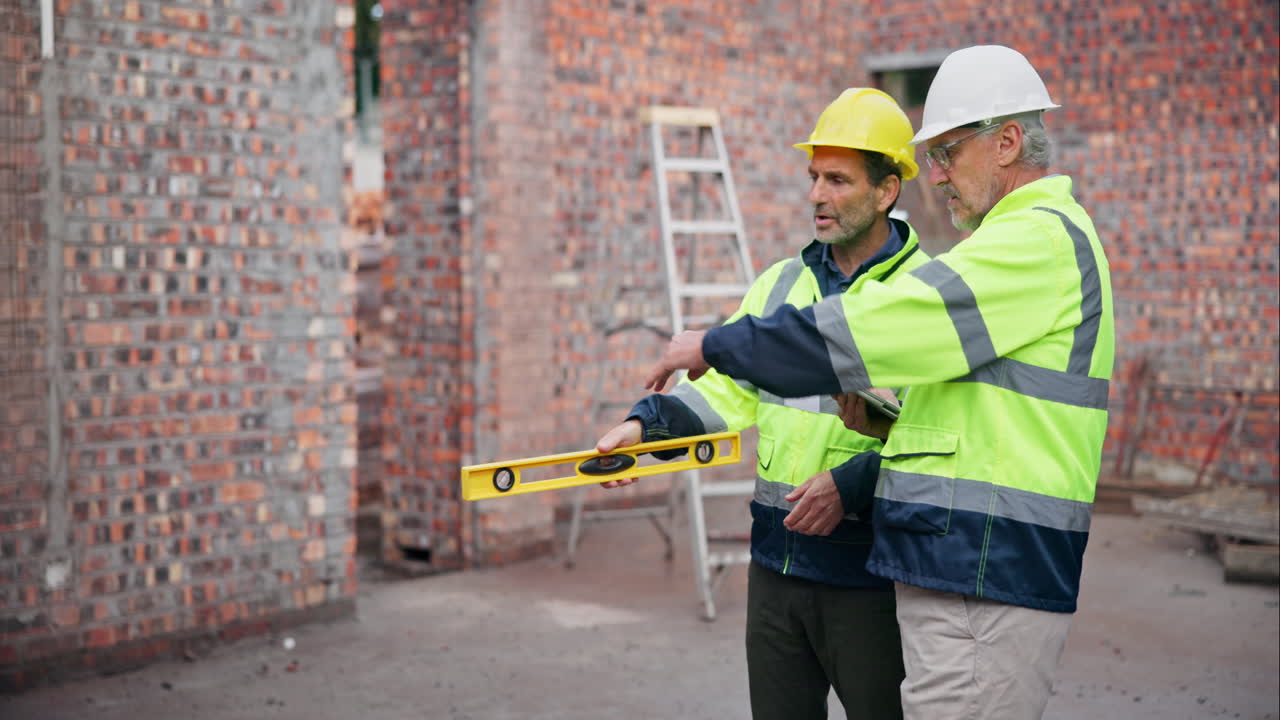 Construction workers inspecting brick wall with level