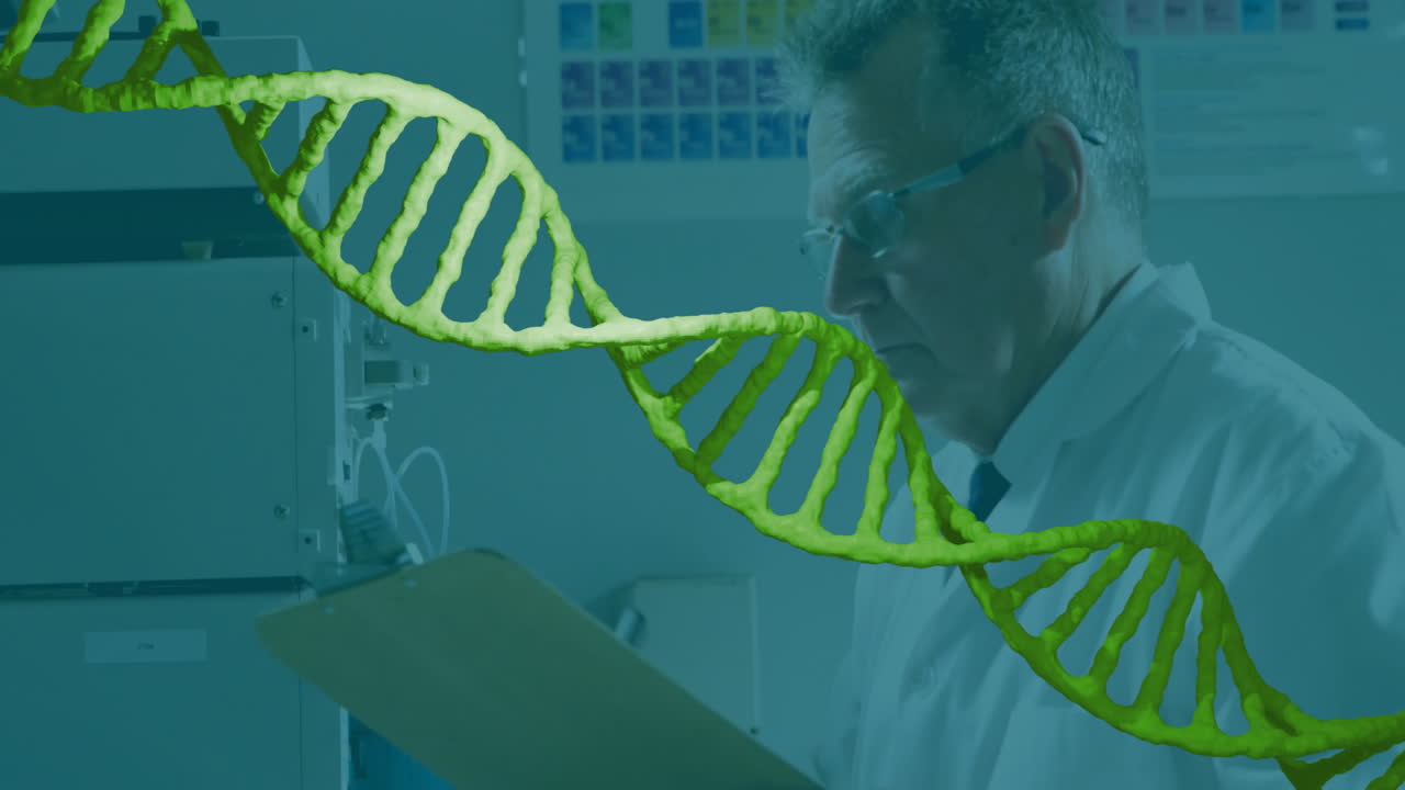 Male scientist holding clipboard and reading data in tech lab, showing animated yellow DNA helix