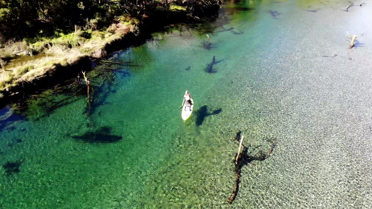 Man paddle boards on river with crystal clear water casting a shadow underneath the board