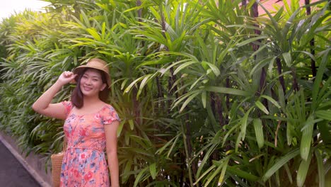 asian young woman in holiday hat looking at camera near the green wall with sunlight effect