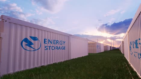 battery storage power station accompanied by solar and wind turbine power plants. new energy concept